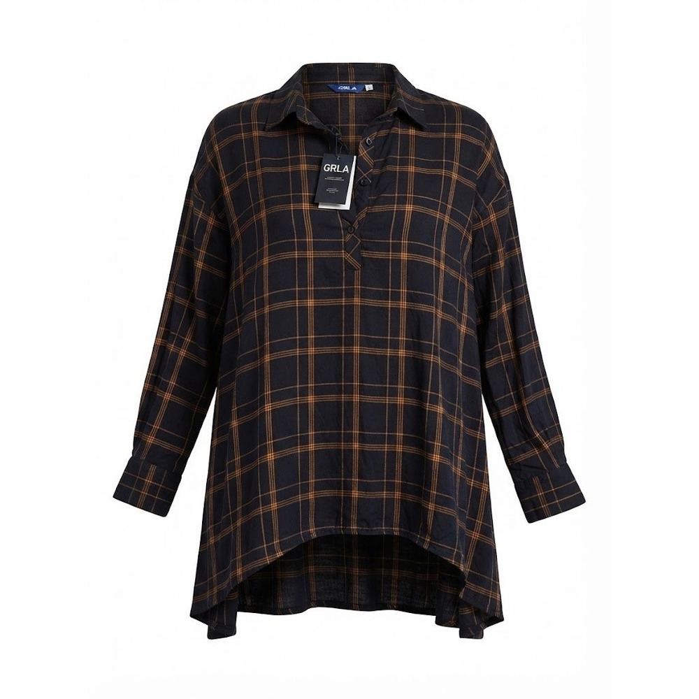 GRLA Georg Roth LA Womens Plaid Shirt Dress Black Orange High Low Tunic NWT L/XL